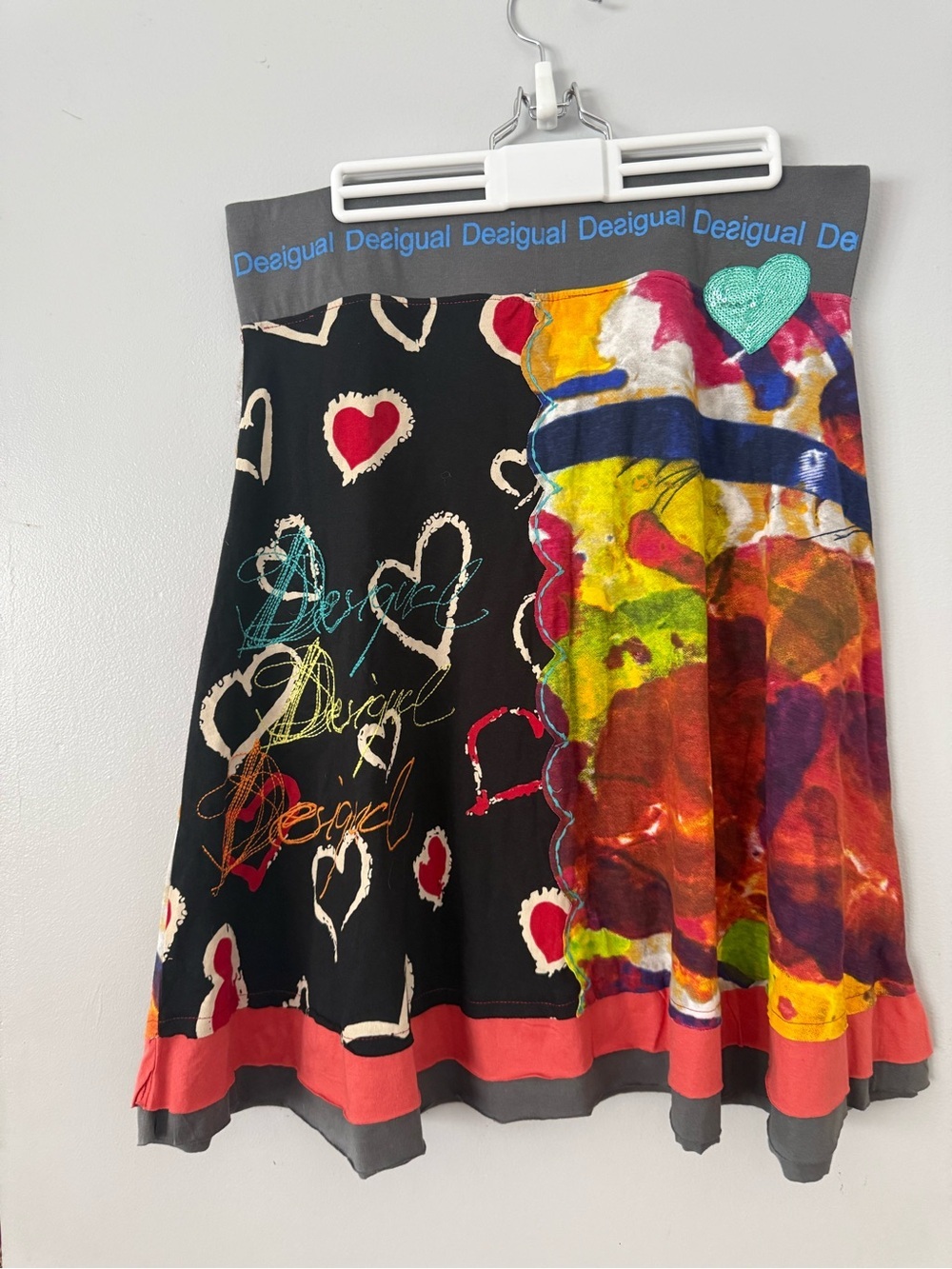 🌿Desigual Artsy A-Line Skirt - Patchwork Heart & Abstract Print - Sequin Detail